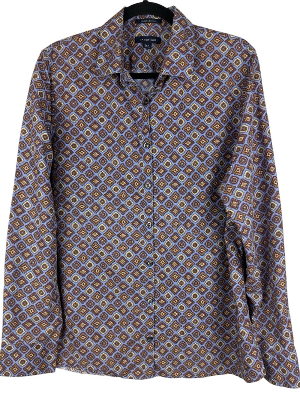 Lands' End No Iron Supima Cotton Blouse 14 Tall Blue Geometric Button Down